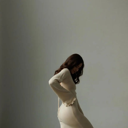 Cryptographic Elegant Knitted Sweater Maxi Dress Outfits for Women Flare Sleeve Sexy Backless Dresses Edible Tree Fungus Clothes