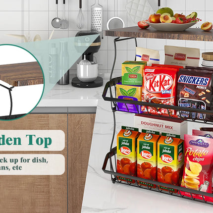 3 Tier Countertop Fruit Basket Bread Bowl with Wooden Top for Kitchen,Stackable Vegetable Onion Storage Wire Basket with Hangers