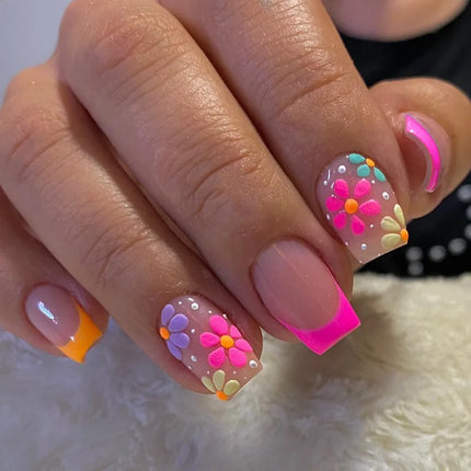 24Pcs Short Almond Press-On Nails Pink Floral French Tip Glossy&Elegant Full Cover