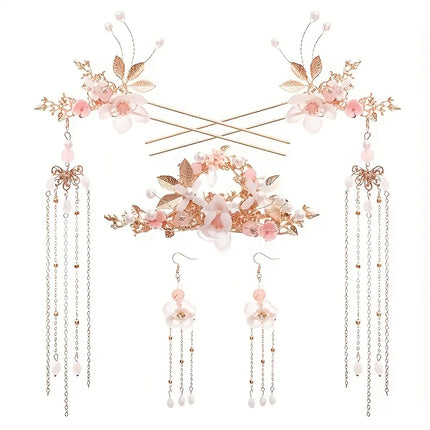 Chinese Long Pearl Hairpin Earring Tiara Set Headpiece Women Hair Accessories Flower Crystal Pearl Hanfu Hair Pins Comb Earring