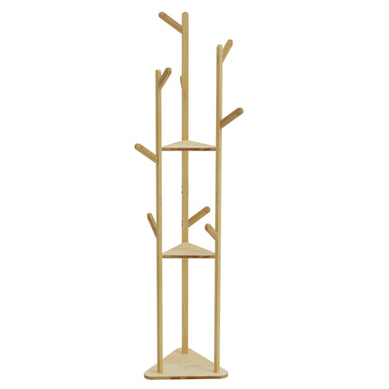 Bamboo Corner Tree Coat Rack Stand  Clothes Hanger with Hooks and Shelves