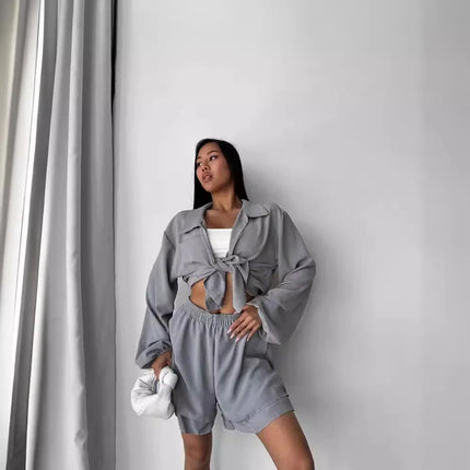 Short Sets Solid Women Two Pieces Suits High Waist Shorts Turn Down Collar Long Sleeve Shirt