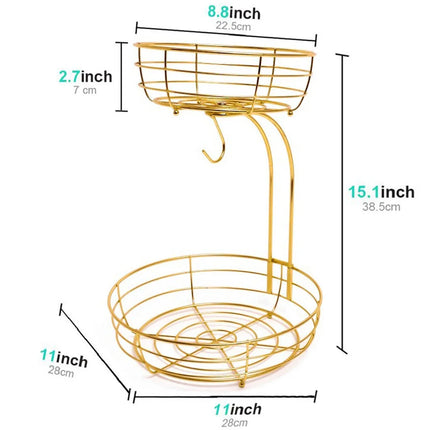 2-Tier Fruit Basket, Metal Fruit Bowl, Bread Baskets, Fruit Holder, Large Fruit Stand Organizer With Banana Hanger, Black
