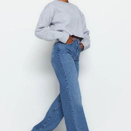 Trendyol TYZA Women's Jeans Casual Beltless Wide Leg Denim Plain Jeans Wide Leg Casual Pants Denim Pants