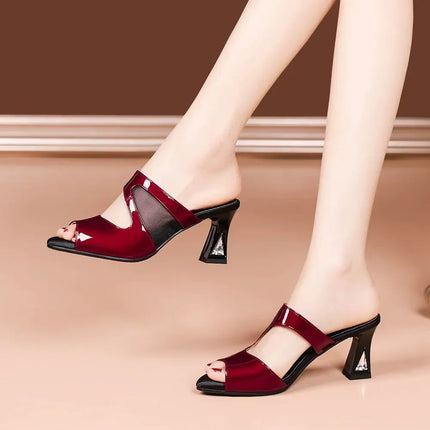 women fashion sweet wine red mesh breathable slip on high heel shoes lady