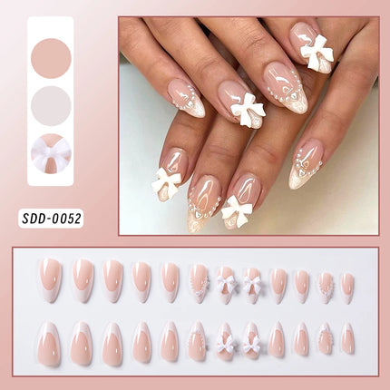 24Pcs Gold Ripple Brown Flowers False Nails with Rhinestones Pearl Design