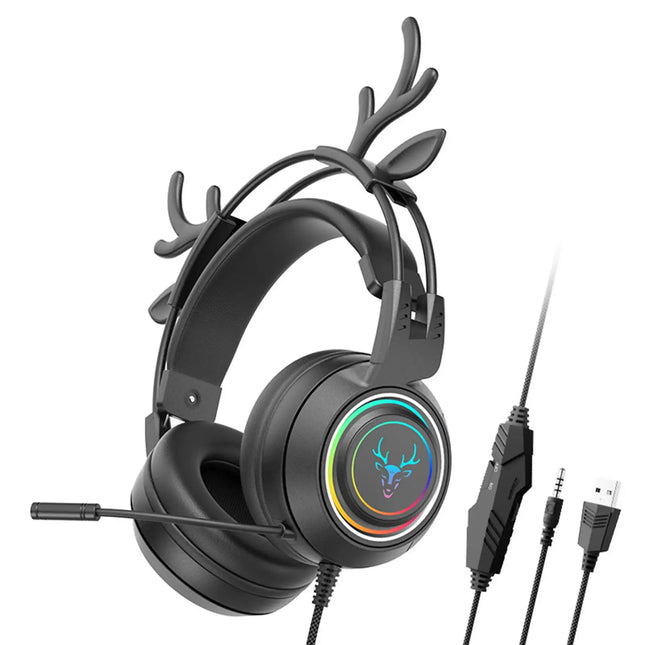 Wired Gaming Headset with Rotatable Microphone Detachable Antlers Earphones Stereo