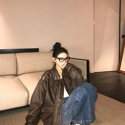 Spring Autumn Cool Handsome Retro Oversized Distressed Brown Soft Faux Leather Jackets for Women Zipper Runway Fashion