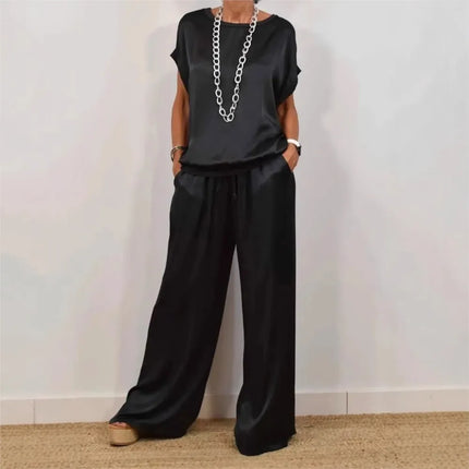 2-piece Set Fashion Satin O Neck T-shirt Top Trousers Summer Retro Elegant Casual Loose Wide