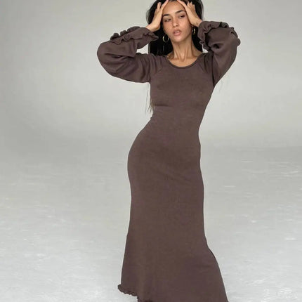 Cryptographic Elegant Knitted Sweater Maxi Dress Outfits for Women Flare Sleeve Sexy Backless Dresses Edible Tree Fungus Clothes