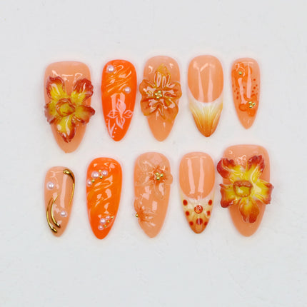 10Pcs Custom 3D beautiful handmade Flowers Manicure Press On Nails,