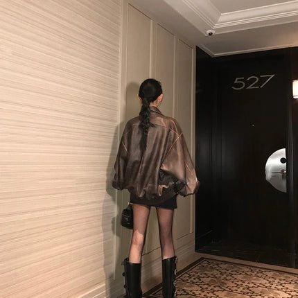 Spring Autumn Cool Handsome Retro Oversized Distressed Brown Soft Faux Leather Jackets for Women Zipper Runway Fashion