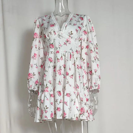 Luxury new elegant sweet print V-neck lace short long sleeve floral dress women