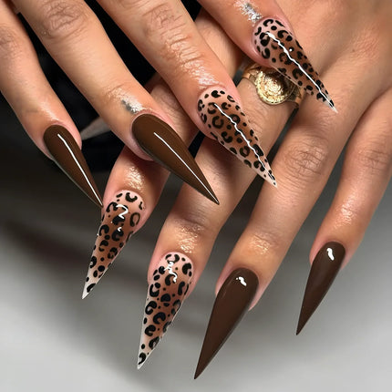 24pcs Leopard Print Almond Fake Press on Nails with Mini Flower Acrylic