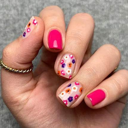 24Pcs Short Almond Press-On Nails Pink Floral French Tip Glossy&Elegant Full Cover