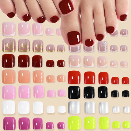 96Pcs-box Short Press On Toe Nails Red High Saturation Fake Toe Nails French