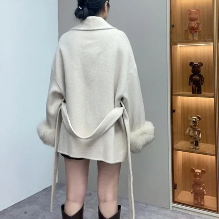 High End Double-sided Wool Strapping Real Wool Fur Coat Women's Removable Cuffs Fox Fur Temperament Cashmere Short Jacket