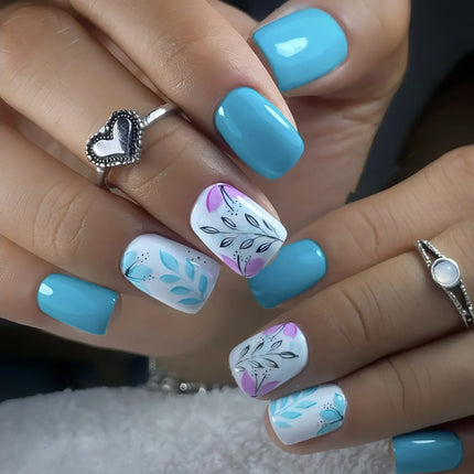 24pcs Short Square Press on Nails Jade Flower Sparkling