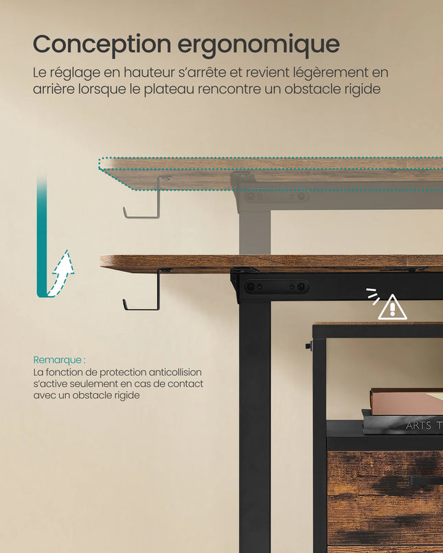 Bureau Électrique Assis-Debout  60 x 110 x (72-120) cm - Marron Rustique et Noir