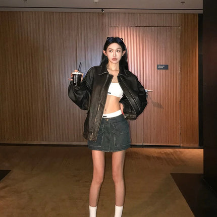 Spring Autumn Cool Handsome Retro Oversized Distressed Brown Soft Faux Leather Jackets for Women Zipper Runway Fashion