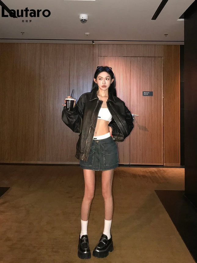 Spring Autumn Cool Handsome Retro Oversized Distressed Brown Soft Faux Leather Jackets for Women Zipper Runway Fashion