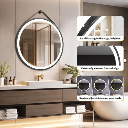Round Mirror 600/700/800mm LED Bathroom Mirror Illuminated Wall Mirror Anti-fog Dimmable with Leather Belt