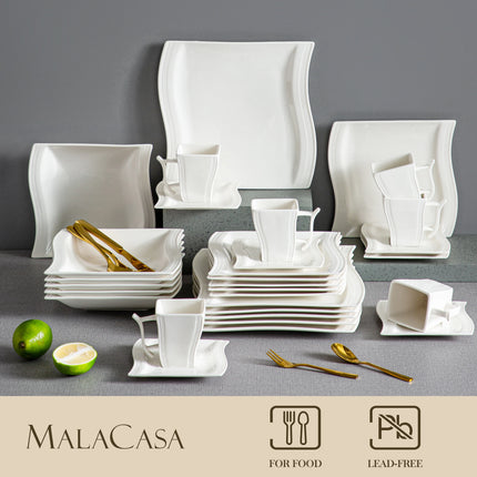 MALACASA 30/60 Piece White Porcelain Dinner Set with 12PCS Cup,Saucer,Dessert Soup Dinner Plate Tableware Set for 12 Person
