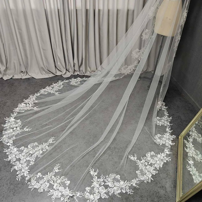 Customized Mantilla Wedding Veil with Hidden Comb Bling Sequins Lace 3 Meters Long Bridal Veil Ivory/White Veil Accessories