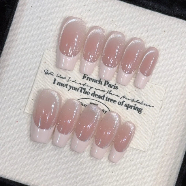 10pcs Handmade Press on Nails Medium-Length Ladder Pink Edge French