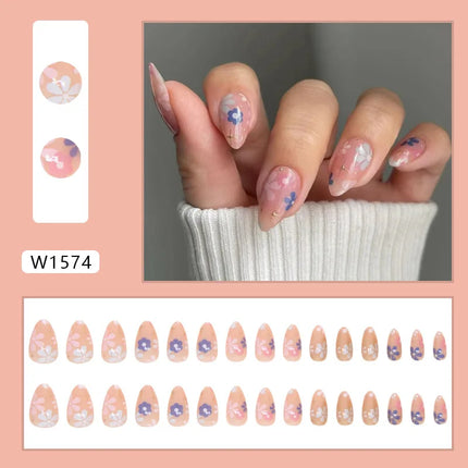 24pcs White Flower Fake Nail Tips Ins Yellow Pink Blush False Nails