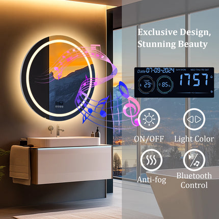 LED Bathroom Mirror 800mm Round Wall Mirror Bluetooth Colour Dimmable Front+Backlit Anti-fog Memory Time Temperature Display
