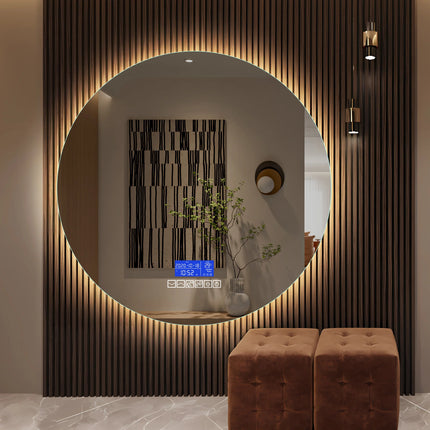 Multi Functional Circular Bathroom Mirror, Wall Mirror with Temperature Display, Defogging Function, and Brightness Adjustment