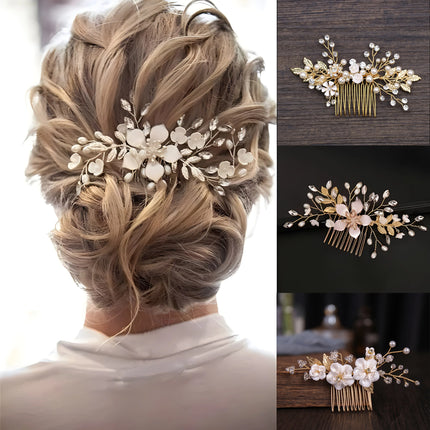 Bridal Wedding Pearl Flower Hairpin Side Comb Golden Leaf Shaped Alloy Tiaras Insert Jewelry Comb Hair Jewelry Bride Headwear