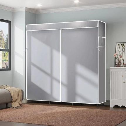 2025 New Upgraded Canvas Fabric Wardrobe Large Clothes Closet With Hanging Rail Shelving Clothes Storage Cupboard Gray