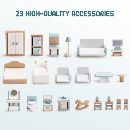 Robud Wooden Dollhouse 6 Rooms 29 Realistic Accessories 4-6" Dolls  Nordic Style Kids Toddlers Gift Ages 3+