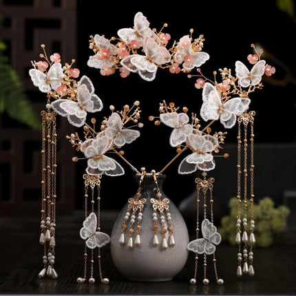 Chinese Long Hair Stick tiara Headpiece Women Hair Accessories Flower Crystal Pearl Hair Pins Handmade Hanfu Hair Jewelry Set