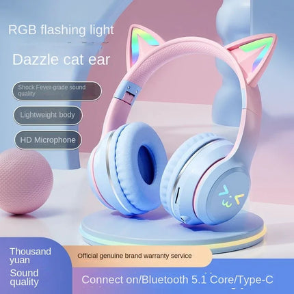 Wireless Headphones RGB Cute Cat Girls Kids Gift Headset with Microphone Stereo Music Gaming