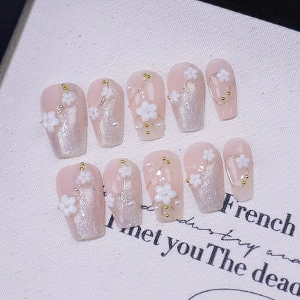 10pcs Pink French Handmade Nails Short French style Handmade Wear Nail for Women&Girl Whitening