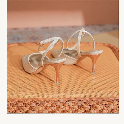 Women Fashion Pumps Woman 7cm Flower Heels High Heel Shoes Buckle Strap Silk Shallow Pointed Toe Sandals Lady Wedding Shoe white