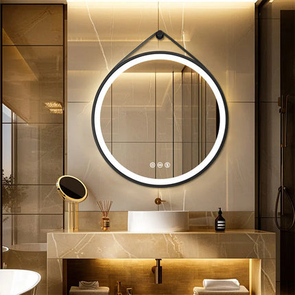 Round Mirror 600/700/800mm LED Bathroom Mirror Illuminated Wall Mirror Anti-fog Dimmable with Leather Belt