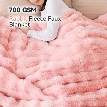 Rabbit Fleece Blanket Solid Color Faux Fur Plush Blanket Soft Warm Throw Blanket
