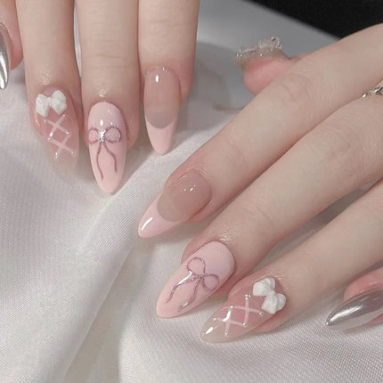 24pcs Sweet Cat Eye French Press on Nails Diamond-Pointed