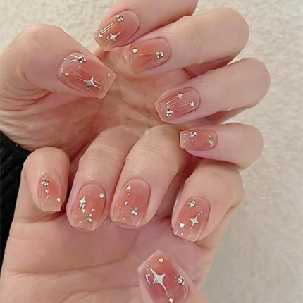 Blush Pink False Nails Bowknot Diamond Pearl 3D Design Press on Nail Tips