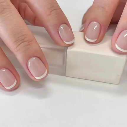 24Pcs Simple Square Head Fake Nail with Jelly Glue Pink White Gradient French