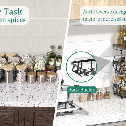 3 Tier Countertop Fruit Basket Bread Bowl with Wooden Top for Kitchen,Stackable Vegetable Onion Storage Wire Basket with Hangers