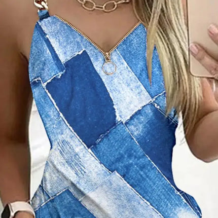 Y2K Fashion Women's Dress Casual Sexy Strap Sleeveless Denim Look Print Chain Decor Casual Dress 2025 Summer New Ottd