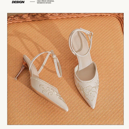 Women Fashion Pumps Woman 7cm Flower Heels High Heel Shoes Buckle Strap Silk Shallow Pointed Toe Sandals Lady Wedding Shoe white