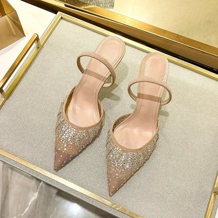 Luxury Designer Shiny Rhinestone Mesh Heeled Sandals Women Summer