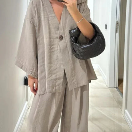 Casual Cotton Linen Loose Long Pants Suits Fashion Half Bubble Sleeve V-neck One Button Shirt Sets
