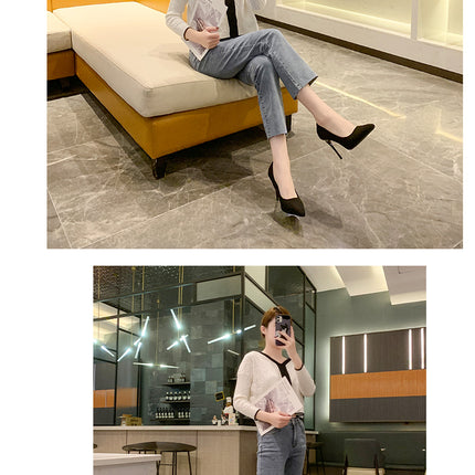 Women New Mid Heeled Sandals Black 6-8-10cm Pointed Thin Heeled Baotou Banquet High Heeled Shoes Womens Shoes Tacones Mujer